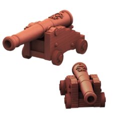 3D render of two historical cannons, a 12-pounder and a 24-pounder, on wheeled wooden naval carriages with ornate crests on the barrels, against a white background.