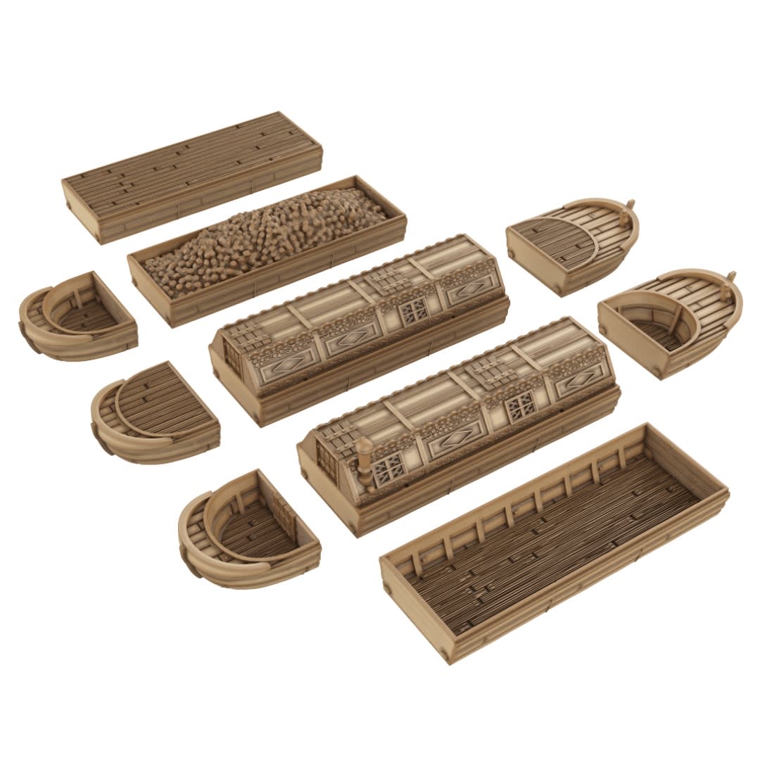 3D render of a modular 3D printable barge set, showing various wooden hull sections, covered passenger cabins, open cargo holds, and a hold filled with cargo.