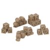 3D render of various scatter terrain piles of wooden crates, barrels, and sacks for tabletop wargaming, shown against a white background.