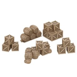 3D render of various scatter terrain piles of wooden crates, barrels, and sacks for tabletop wargaming, shown against a white background.