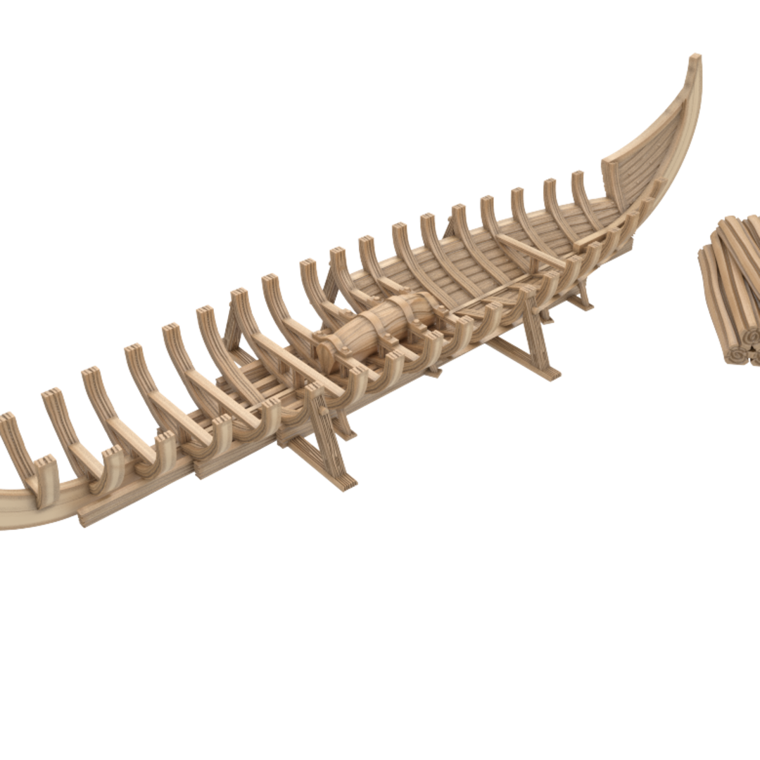 3D render of a ship's wooden skeleton under construction, showing the keel, ribs, and sternpost. A separate bundle of logs lies nearby. Top-down view.