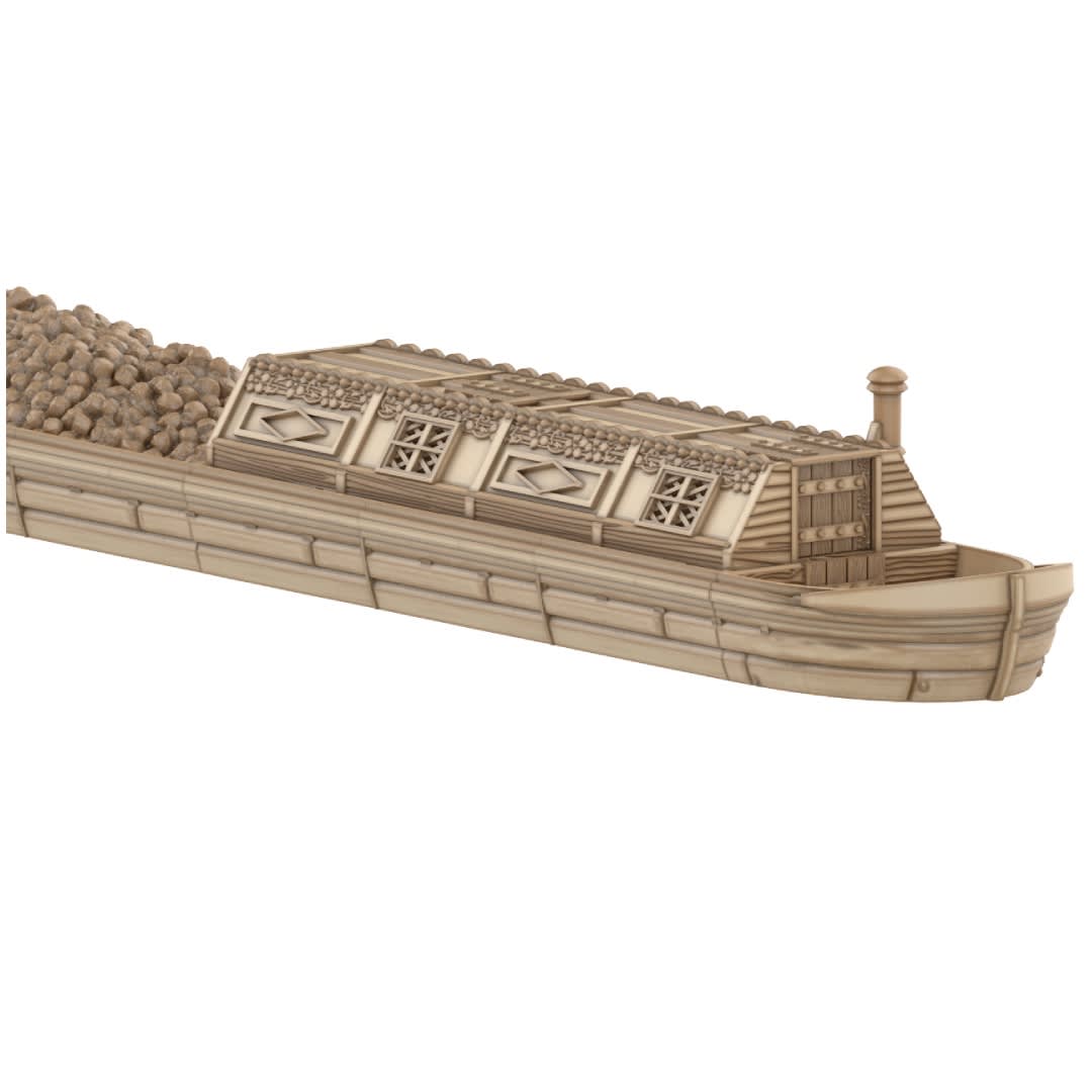 3D render of a modular 3D printable barge set, showing various wooden hull sections, covered passenger cabins, open cargo holds, and a hold filled with cargo.