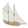 3D render of a tabletop Brigantine ship model. The 28mm scale model features a detailed wooden hull, two masts with textured sails, and a long bowsprit.