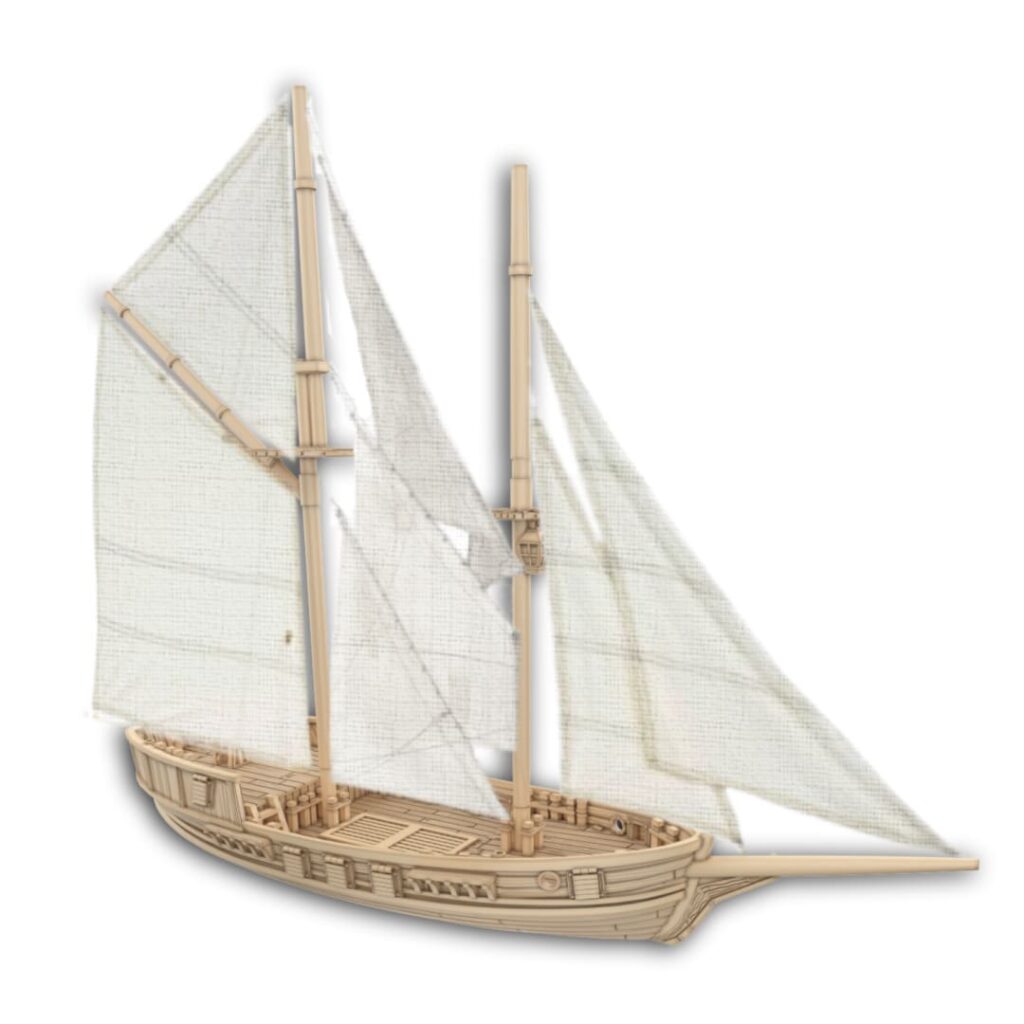 3D render of a tabletop Brigantine ship model. The 28mm scale model features a detailed wooden hull, two masts with textured sails, and a long bowsprit.
