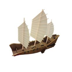 3D printed and painted model of a historical Chinese Junk Ship for tabletop gaming. Features a detailed wooden hull, three masts, and white battened sails, viewed from a three-quarter angle.