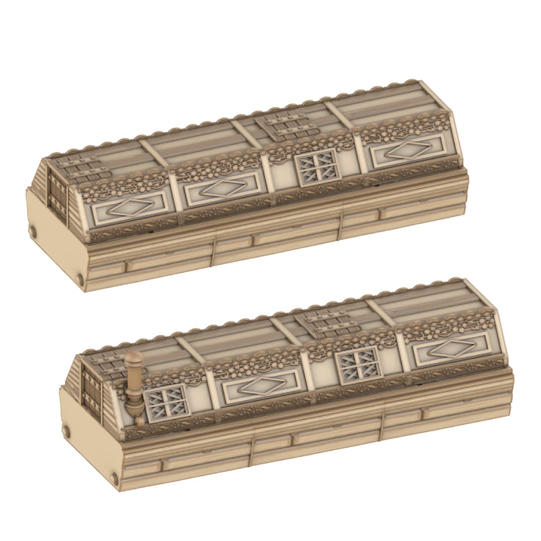 3D render of a modular 3D printable barge set, showing various wooden hull sections, covered passenger cabins, open cargo holds, and a hold filled with cargo.