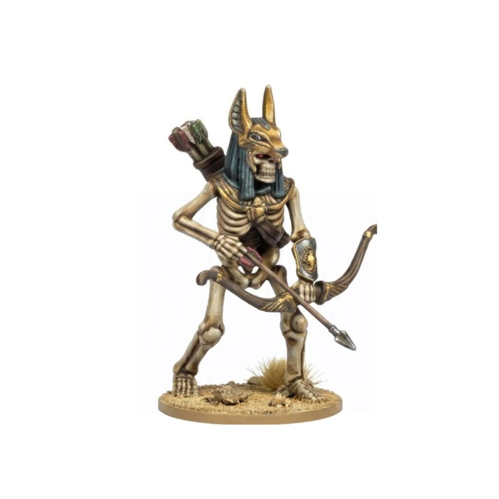 3D render of a painted 28mm scale undead skeleton archer miniature wearing a golden Anubis headdress, holding a drawn wooden bow with an arrow, standing on a desert terrain base.