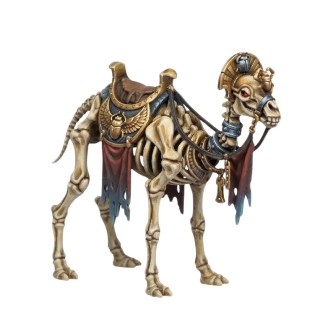 3D painted render of a skeletal camel miniature featuring ancient Egyptian-style armor, a scarab saddle, and tattered banners on a desert base