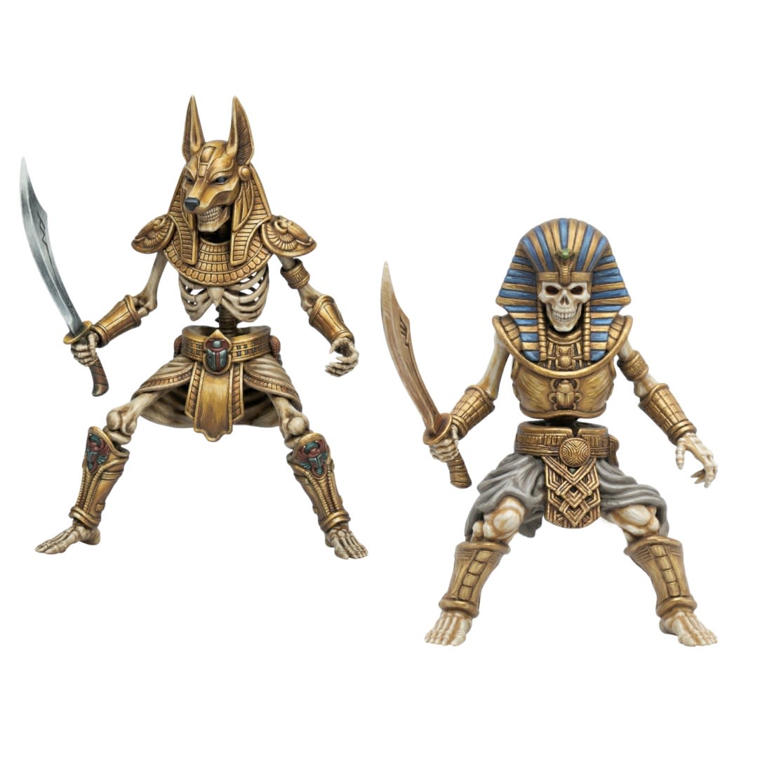 3D painted render of a skeletal camel miniature featuring ancient Egyptian-style armor, a scarab saddle, and tattered banners on a desert base