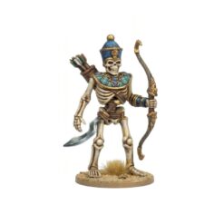 3D render of a painted 28mm scale undead skeleton archer miniature wearing a golden Anubis headdress, holding a drawn wooden bow with an arrow, standing on a desert terrain base.
