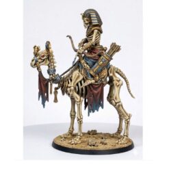 3D painted render of a skeletal camel miniature featuring ancient Egyptian-style armor, a scarab saddle, and tattered banners on a desert base
